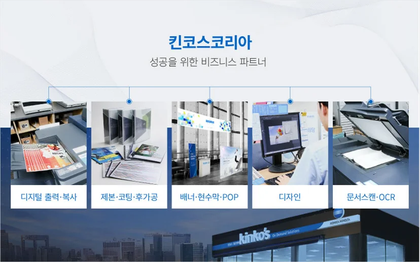 디자인부터 제본 및 배송까지 원스톱으로 해결 가능한 인쇄/출판 서비스 킨코스의 공식 메인 화면