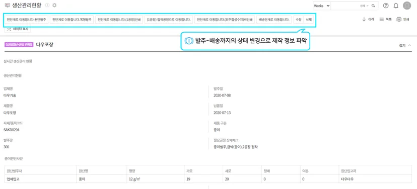 생산 공정의 상세 정보 및 상태 제어 화면. '발주~배송까지의 상태 변경으로 제작 정보 파악'이라는 안내 문구와 함께 원단발주, 인쇄, 배송 등 공정 단계별로 상태를 변경할 수 있는 버튼을 제공하여 실시간 제작 흐름을 추적하는 공정 관리 소프트웨어 화면.