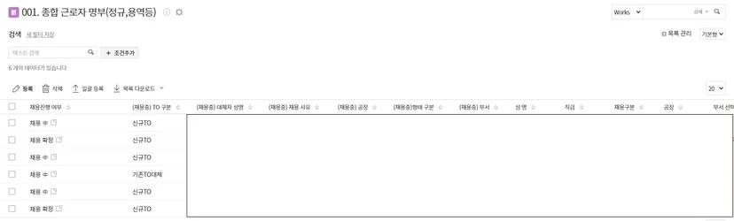 종합 근로자 명부(정규직, 용역 등) 관리 시스템 대시보드. 채용 요청 현황, TO 구분 등 인적 자원 관리(HRM) 데이터의 목록을 한눈에 파악할 수 있는 기업용 소프트웨어 리스트 화면 스크린샷.