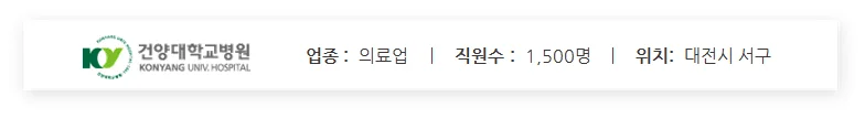 건양대학교병원 기업 정보 요약 카드. 의료업 업종 구분과 직원 수 1,500명, 대전시 서구 소재지 정보를 포함한 대형 종합병원의 비즈니스 프로필 요약 이미지.