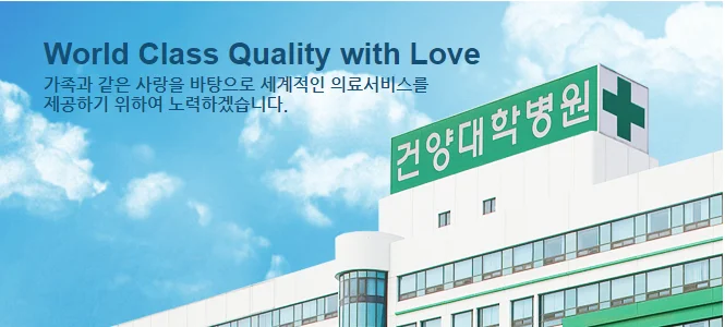 'World Class Quality with Love' 슬로건과 함께 푸른 하늘을 배경으로 한 건양대학교병원 건물 외관 전경. 가족 같은 사랑을 바탕으로 세계적인 의료 서비스를 제공하겠다는 병원의 브랜드 비전을 담은 이미지.