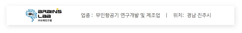 브레인즈랩 기업 정보 이미지로 업종은 무인항공기 연구개발 및 제조업, 위치는 경남 진주시로 표시된 화면