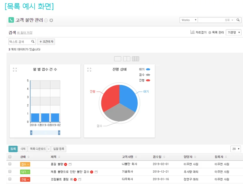 [고객불만관리 앱 목록화면]
