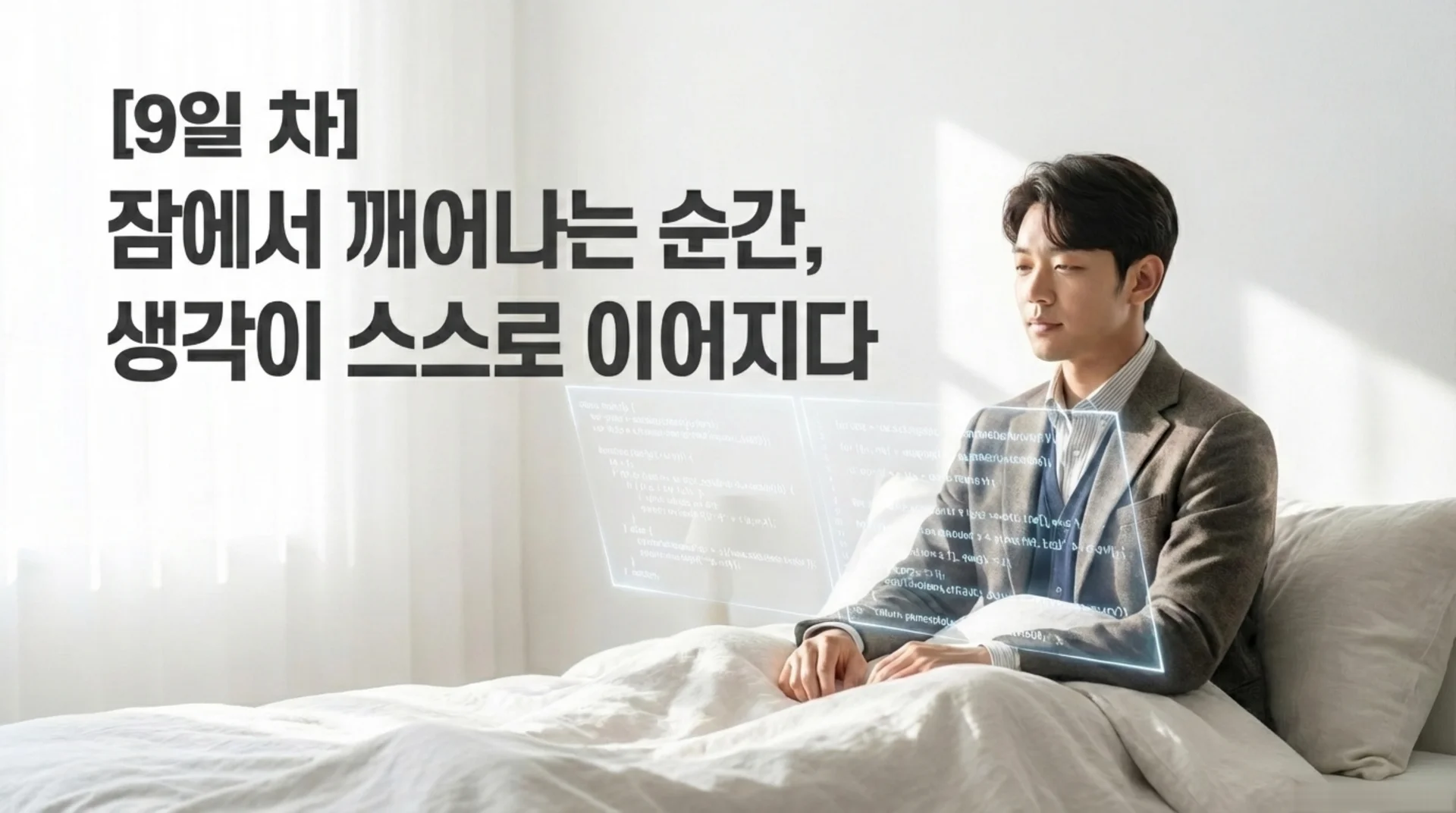 침대 위에 앉아 눈앞에 펼쳐진 코드 홀로그램을 바라보는 직장인. 텍스트: [9일 차] 잠에서 깨어나는 순간, 생각이 스스로 이어지다