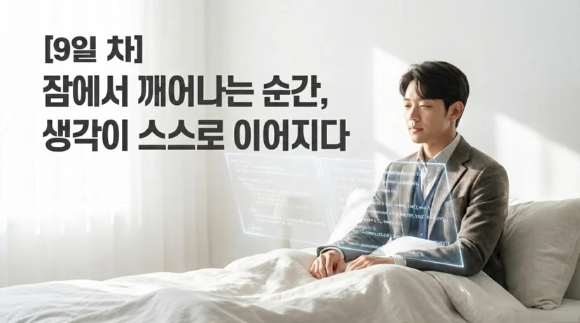 침대 위에 앉아 눈앞에 펼쳐진 코드 홀로그램을 바라보는 직장인. 텍스트: [9일 차] 잠에서 깨어나는 순간, 생각이 스스로 이어지다