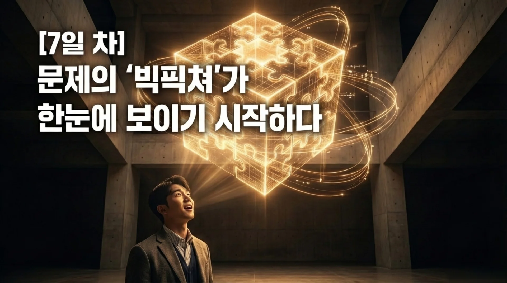 콘크리트 공간에서 위를 올려다보며 빛나는 3D 퍼즐 구조물을 바라보는 직장인. 텍스트: [7일 차] 문제의 '빅픽쳐'가 한눈에 보이기 시작하다