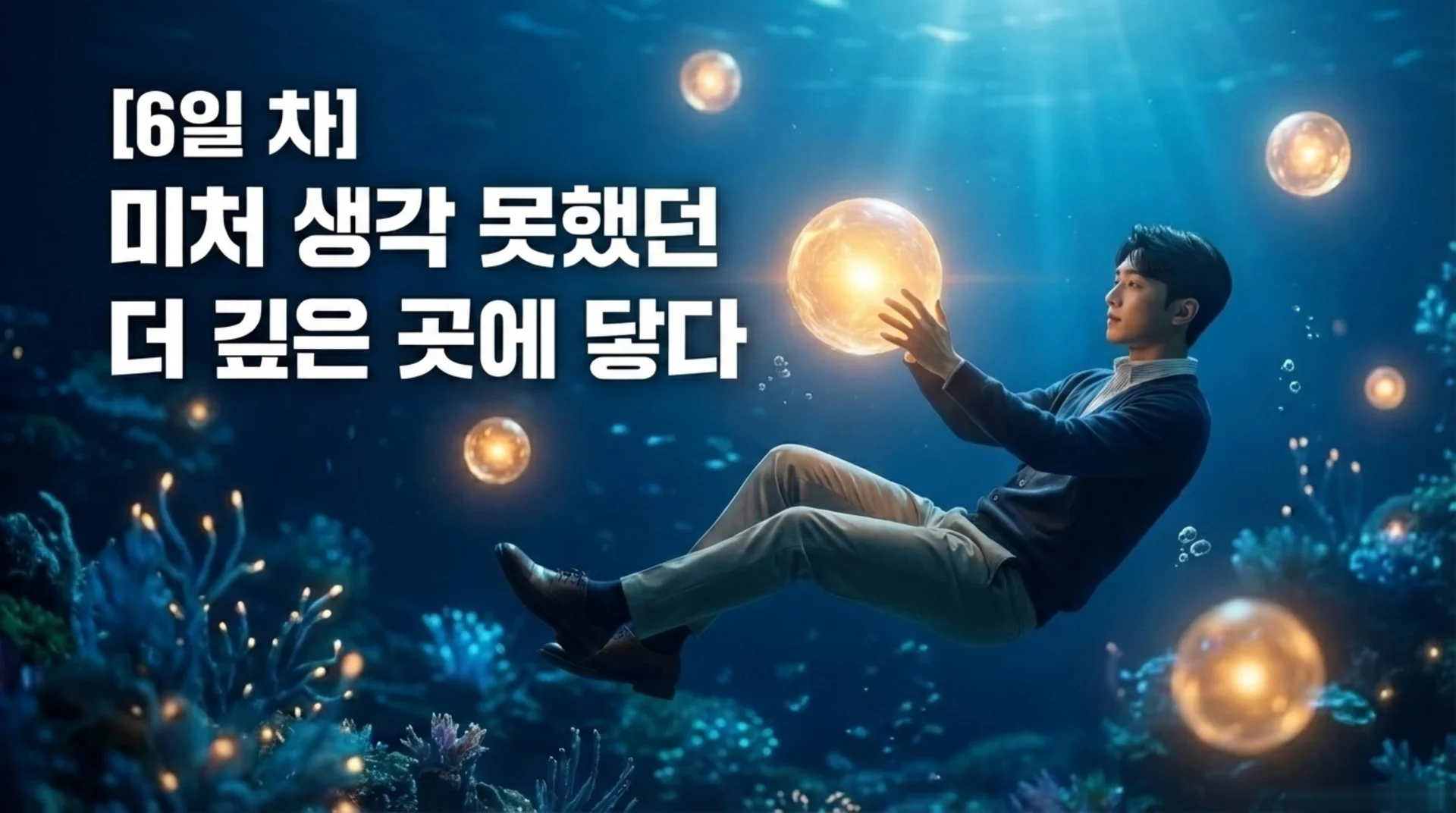 깊은 바다 속에서 빛나는 구체를 두 손으로 잡고 있는 직장인. 텍스트: [6일 차] 미처 생각 못했던 더 깊은 곳에 닿다