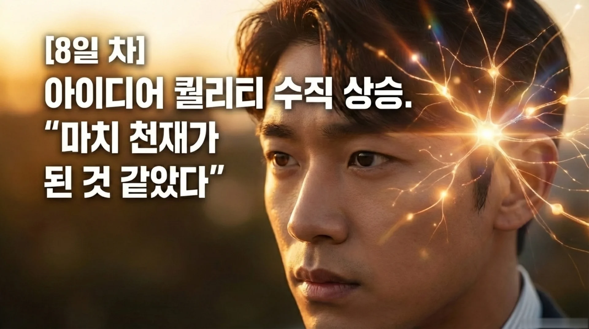 석양을 배경으로 머리 주변에 신경 시냅스 형상의 빛이 번지는 직장인 클로즈업. 텍스트: [8일 차] 아이디어 퀄리티 수직 상승. "마치 천재가 된 것 같았다"