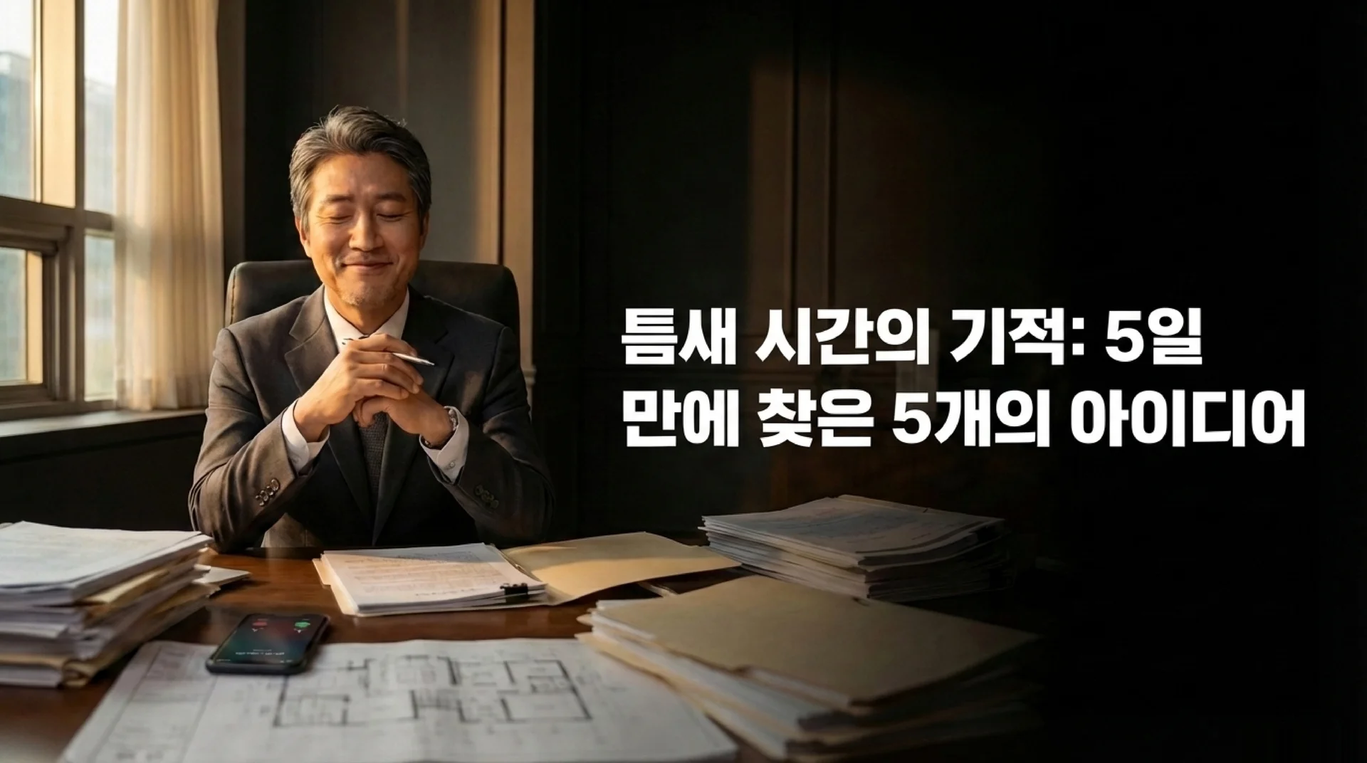 서류가 쌓인 사무실에서 편안하게 미소 짓는 50대 남성 부동산 중개인. '틈새 시간의 기적: 5일 만에 찾은 5개의 아이디어' 텍스트
