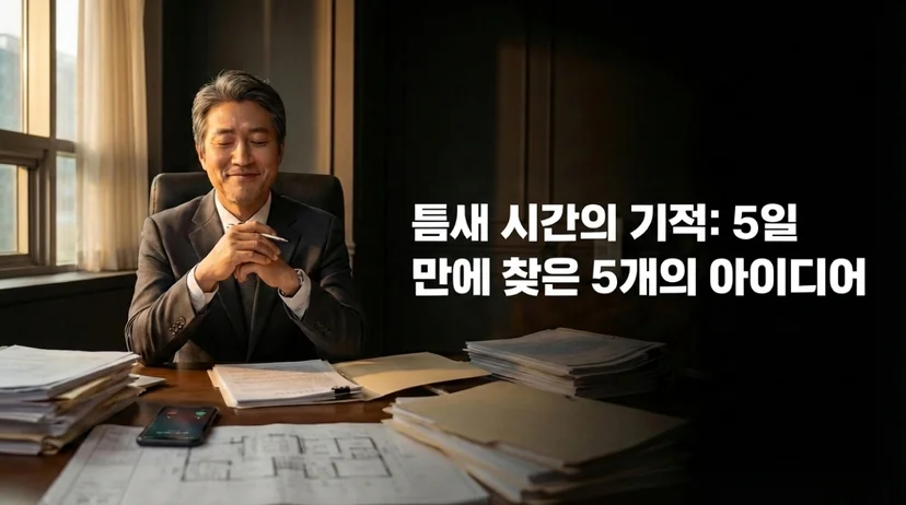 서류가 쌓인 사무실에서 편안하게 미소 짓는 50대 남성 부동산 중개인. '틈새 시간의 기적: 5일 만에 찾은 5개의 아이디어' 텍스트