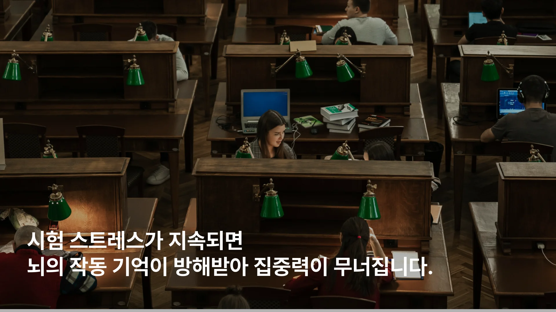 시험 스트레스는 집중력과 기억력을 동시에 떨어뜨린다는 내용의 이미지