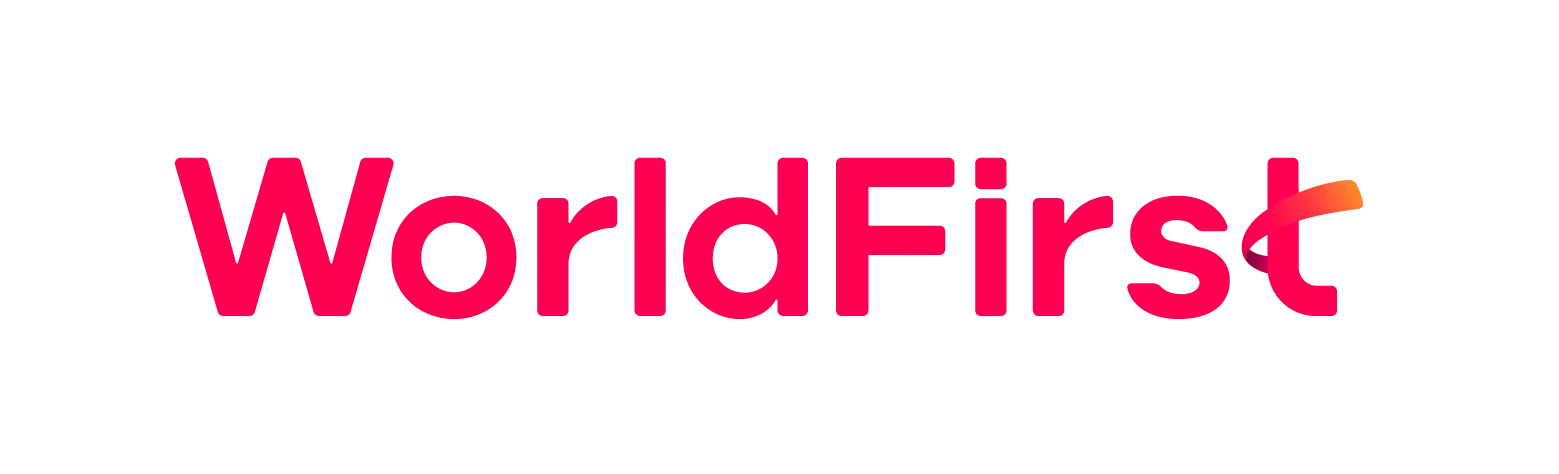 월드퍼스트(WorldFirst) 공식 로고. 선명한 마젠타색 영문 워드마크이며, 마지막 글자 't'에 오렌지색 그라데이션 루프 디자인이 적용됨.