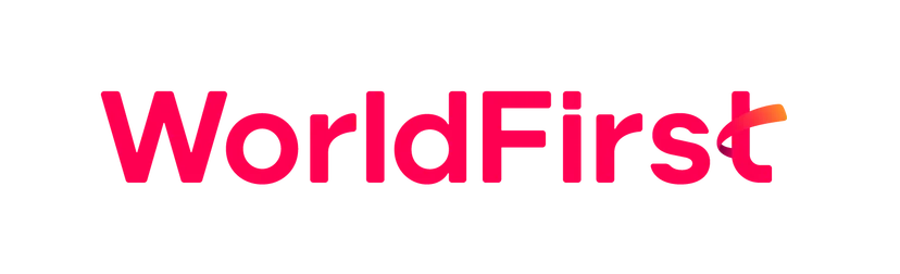 월드퍼스트(WorldFirst) 공식 로고. 선명한 마젠타색 영문 워드마크이며, 마지막 글자 't'에 오렌지색 그라데이션 루프 디자인이 적용됨.