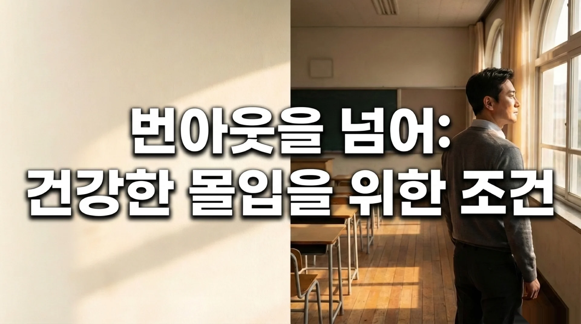 밝은 교실에서 창밖을 바라보는 남성 교사. 왼쪽은 빈 벽, 오른쪽은 교실. '번아웃을 넘어: 건강한 몰입을 위한 조건' 텍스