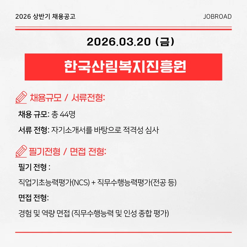 한국산림복지진흥원 2026년 상반기 정규직(4·5·6급) 공채
