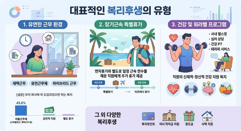 유연근무제, 특별휴가, 워라밸 프로그램 등 복리후생의 대표적인 유형 3가지