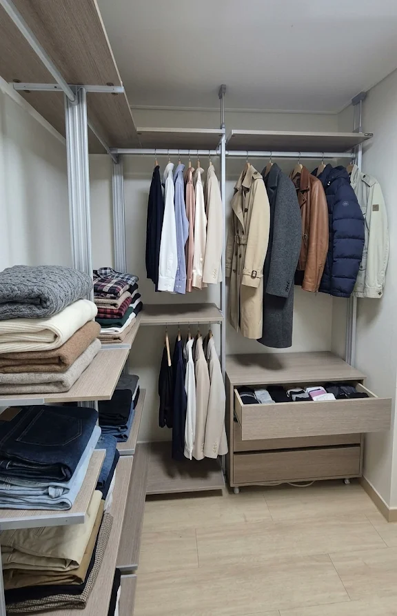 ㄱ자 코너 활용 드레스룸 시뮬레이션. 천장과 바닥을 고정하는 실버 메탈 익스텐션 기둥 사이로 오크(자연스러운 밝은 우드 톤) 선반과 서랍장이 조합된 AI 시각화 이미지이다. 좌측 선반장에는 니트와 데님이 정돈되어 있고, 코너와 중앙엔 셔츠와 자켓을 거는 2단옷걸이가 구성됐다. 우측은 롱코트용 긴옷장 아래로 양말이 수납된 3단서랍장이 열려 있다.