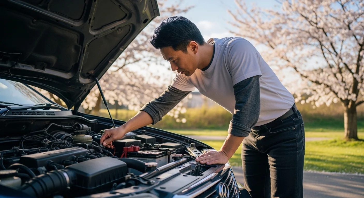봄철 자동차 배터리 방전 점검하는 남성 운전자