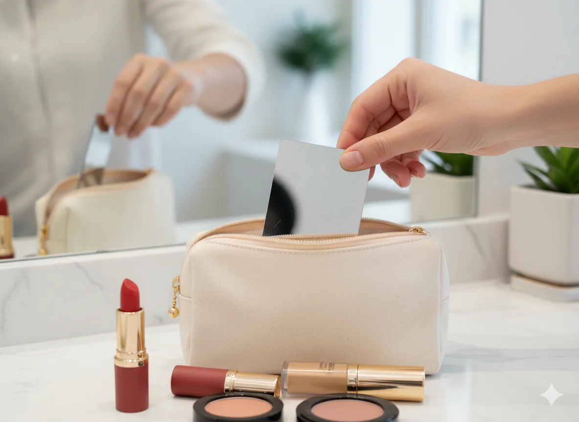 거울카드가 화장품 파우치 안에 들어있는 모습