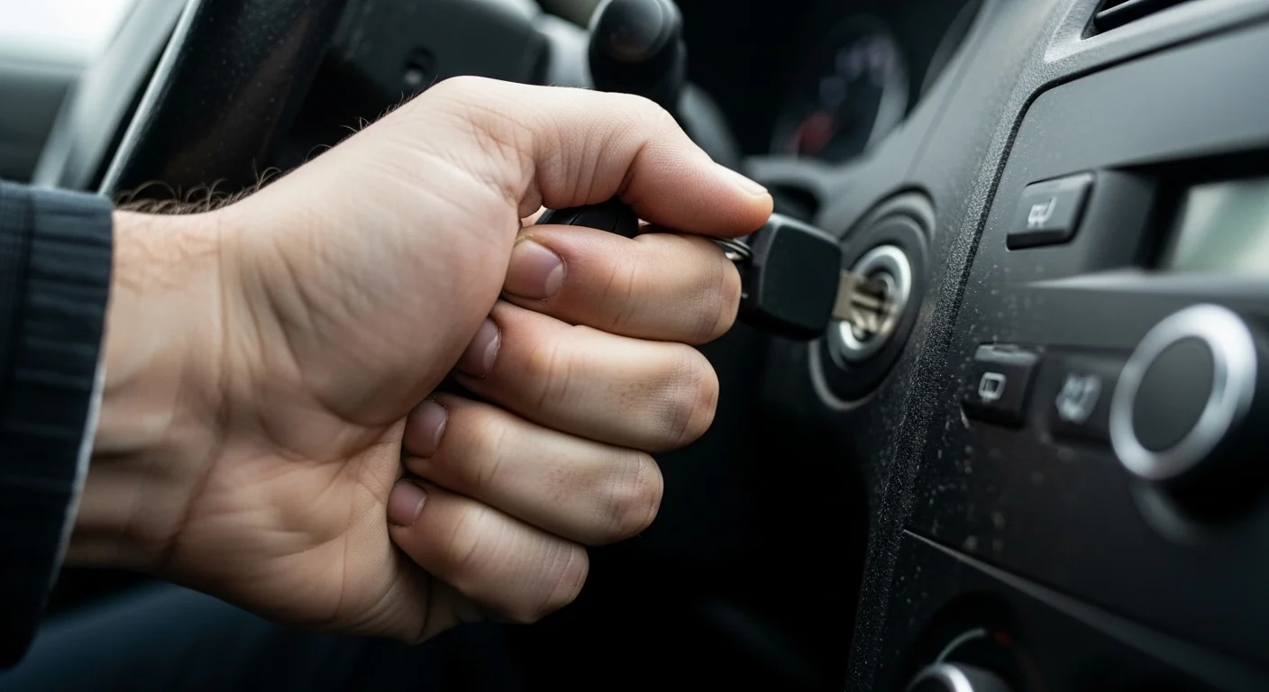 차 시동이 안 걸려서 차키를 계속 돌리는 모습 (손 클로즈업)