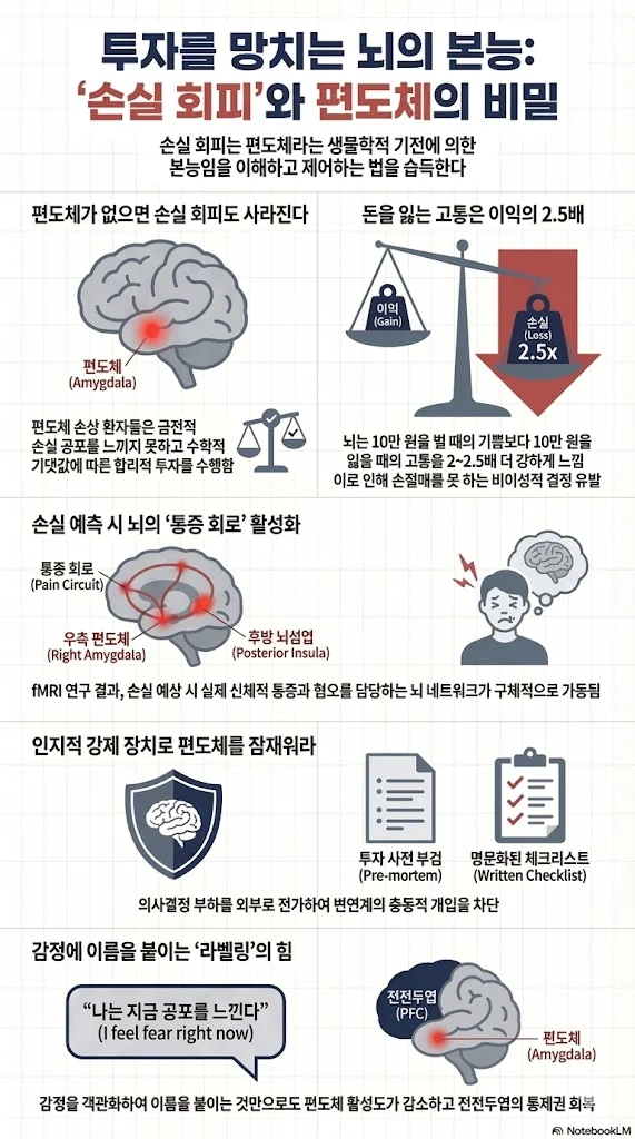 투자를 망치는 뇌의 본능인 손실 회피와 편도체의 비밀을 설명하는 인포그래픽. 편도체 손상 환자의 합리적 투자 변화, 이익보다 손실을 2.5배 더 크게 느끼는 심리적 저울, 손실 예측 시 활성화되는 뇌의 통증 회로(우측 편도체, 후방 뇌섬엽), 투자 사전 부검과 명문화된 체크리스트를 통한 변연계 통제, 전전두엽을 활용한 감정 라벨링의 뇌과학적 효과를 시각적으로 보여줍니다.