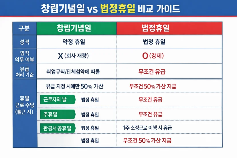 창립기념일 vs 법정휴일 비교