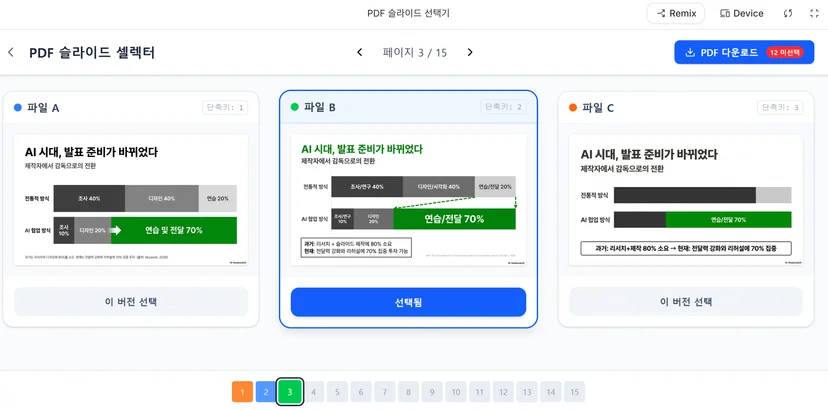 NotebookLM에서 생성한 "AI 시대, 발표 준비가 바뀌었다" 슬라이드 3개 버전(A, B, C)을 비교하는 PDF 선택 인터페이스. 버전 B가 선택되어 있으며, 전문적 방식 대비 AI 활용 방식으로의 변화와 "연습 및 전달 70%" 핵심 메시지를 보여주는 차트 포함