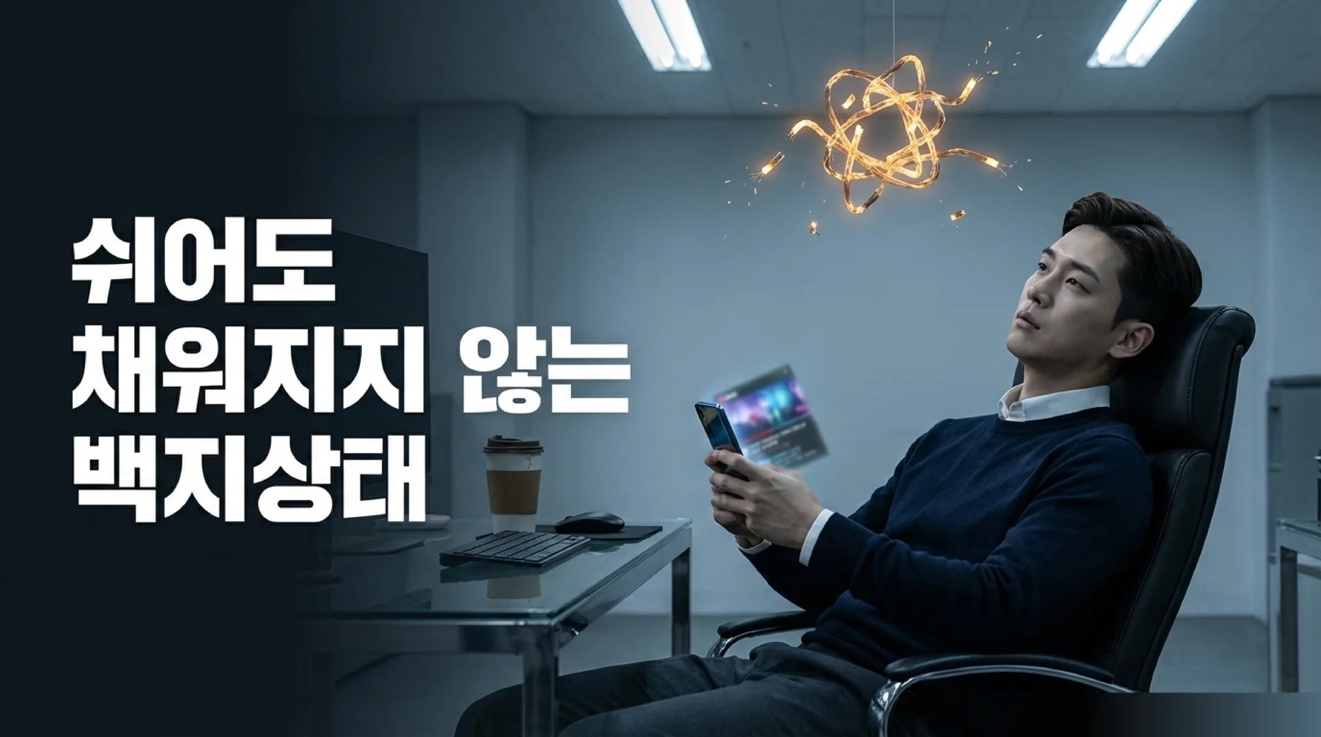 사무실 의자에 기대어 스마트폰을 보고 있는 남성 직장인. 머리 위에 빛나는 원자 형태의 아이디어 이미지가 떠 있다. 텍스트: '쉬어도 채워지지 않는 백지상태' 
