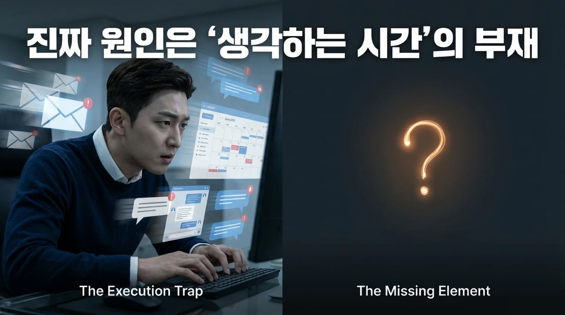 모니터 앞에서 이메일, 캘린더, 메신저 알림에 둘러싸인 남성 직장인(왼쪽)과 빛나는 물음표(오른쪽). 텍스트: '진짜 원인은 생각하는 시간의 부재', 하단에 'The Execution Trap'과 'The Missing Element'