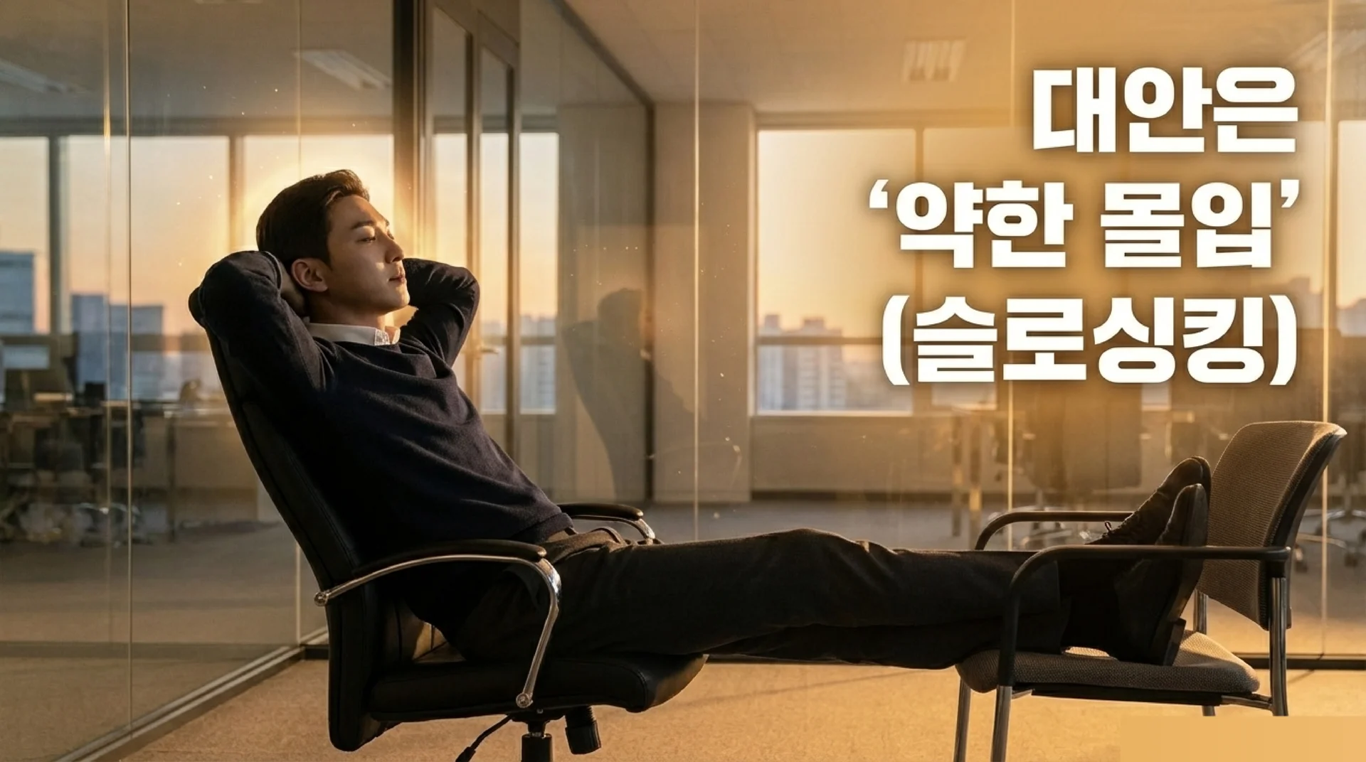  석양빛이 드는 사무실에서 의자에 편하게 기대어 다리를 뻗고 눈을 감고 있는 남성 직장인. 텍스트: '대안은 약한 몰입 (슬로싱킹)'