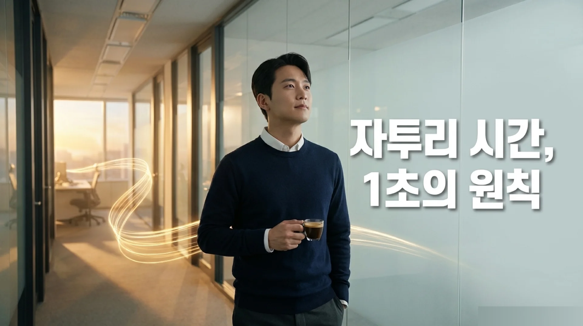 사무실 복도에서 커피를 들고 서서 먼 곳을 바라보는 남성 직장인. 주변에 빛의 흐름이 감싸고 있다. 텍스트: '자투리 시간, 1초의 원칙'