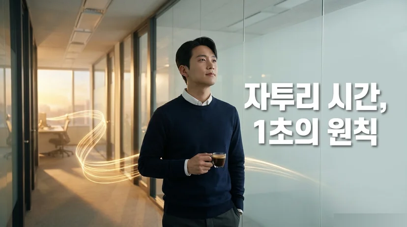 사무실 복도에서 커피를 들고 서서 먼 곳을 바라보는 남성 직장인. 주변에 빛의 흐름이 감싸고 있다. 텍스트: '자투리 시간, 1초의 원칙'