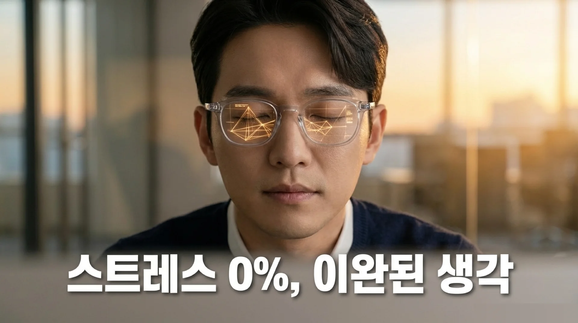 모니터 앞에서 눈을 감고 편안하게 집중하는 남성 직장인. 안경 렌즈에 데이터 시각화 이미지가 비치고 있다. 텍스트: '스트레스 0%, 이완된 생각'