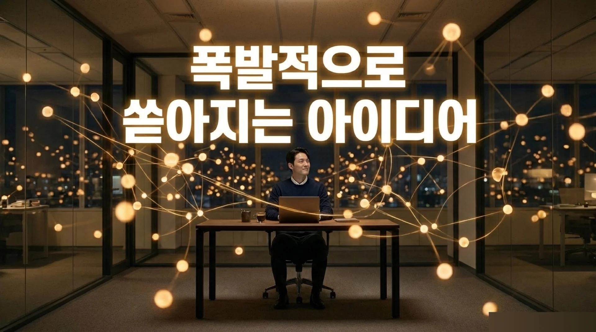 노트북 앞에 앉아 미소 짓는 남성 직장인. 주위로 빛나는 네트워크 노드가 폭발적으로 퍼져 나가고 있다. 텍스트: '폭발적으로 쏟아지는 아이디어' 