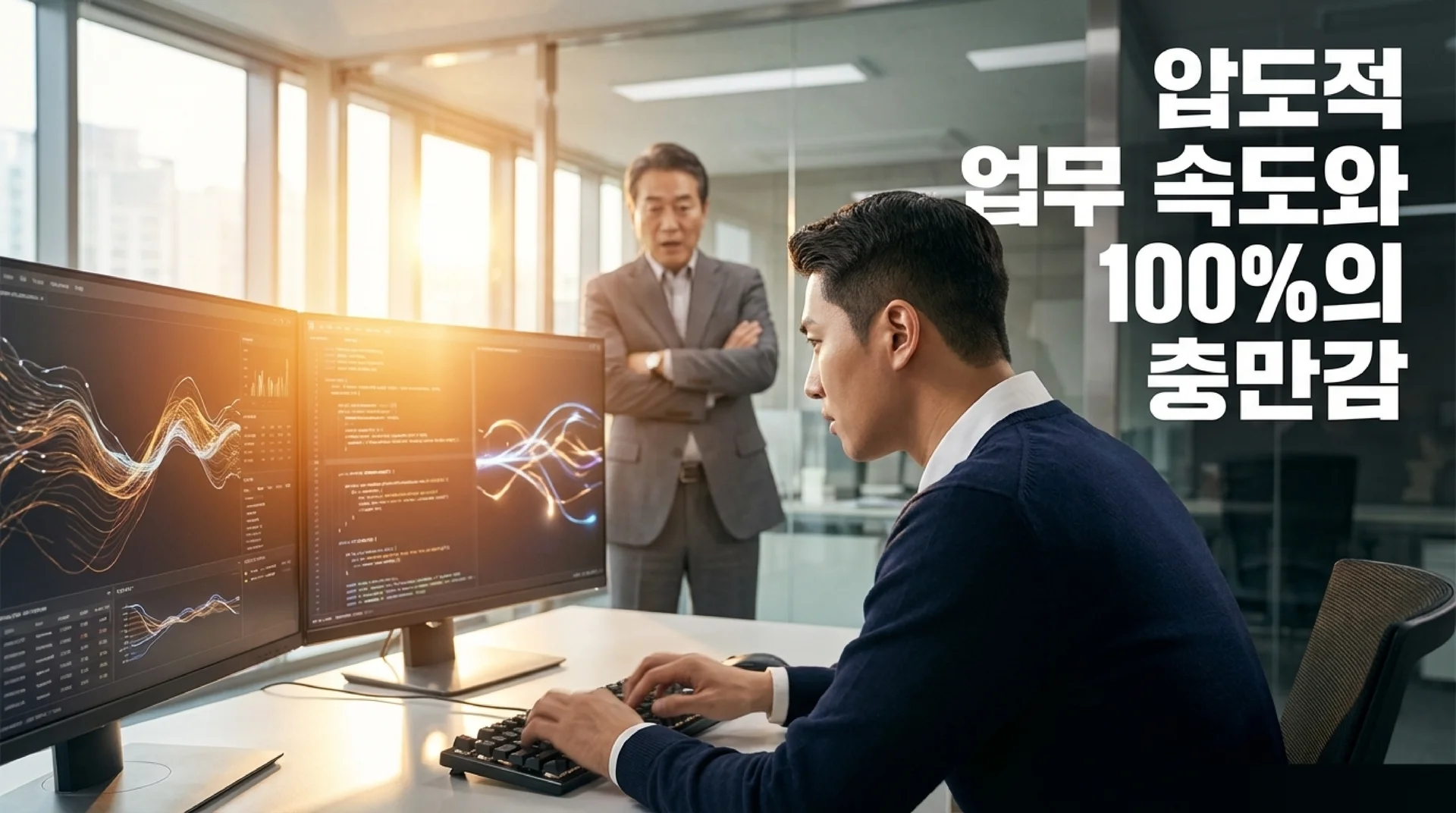 여러 모니터와 데이터 차트가 있는 사무실에서 집중하며 코딩하는 남성 직장인. 뒤에 상사가 팔짱 끼고 흐뭇하게 지켜보고 있다. 텍스트: '압도적 업무 속도와 100%의 충만감'
