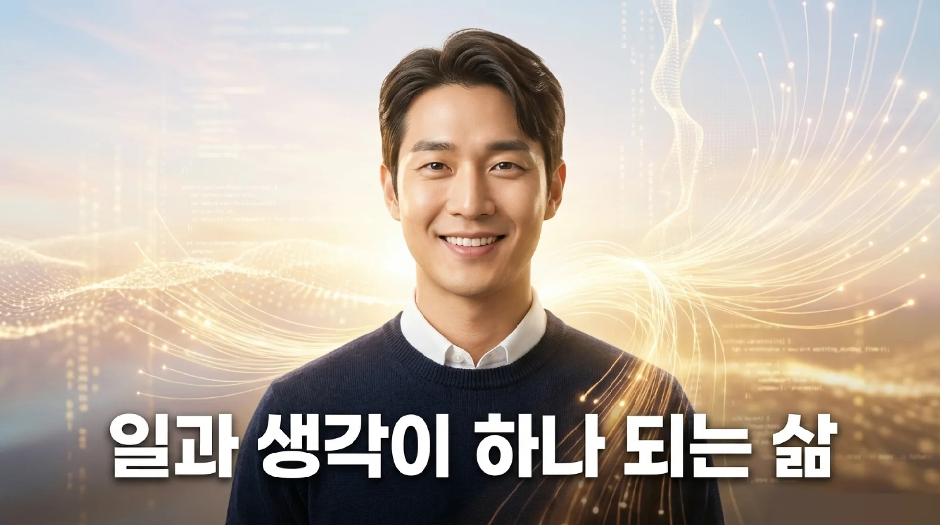 밝은 빛과 디지털 코드 배경 앞에서 환하게 웃는 남성 직장인. 텍스트: '일과 생각이 하나 되는 삶'