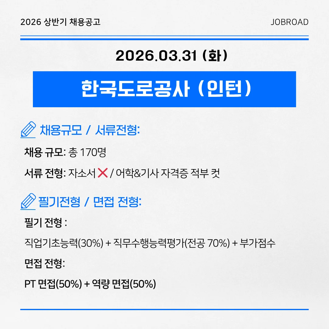 한국도로공사 2026 상반기 일반직 신입(인턴) 공채