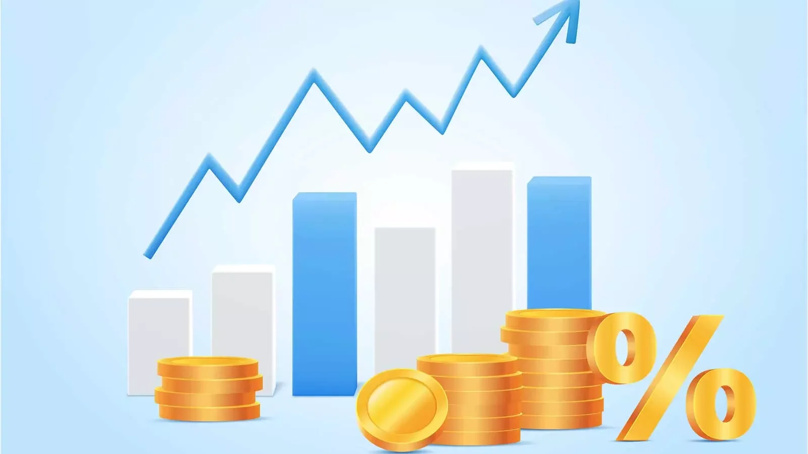 우상향하는 파란색 화살표와 막대 그래프, 쌓여 있는 금색 동전과 퍼센트 기호를 통해 기업 가치의 지속적인 성장과 재무적 성과를 시각화한 3D 일러스트레이션