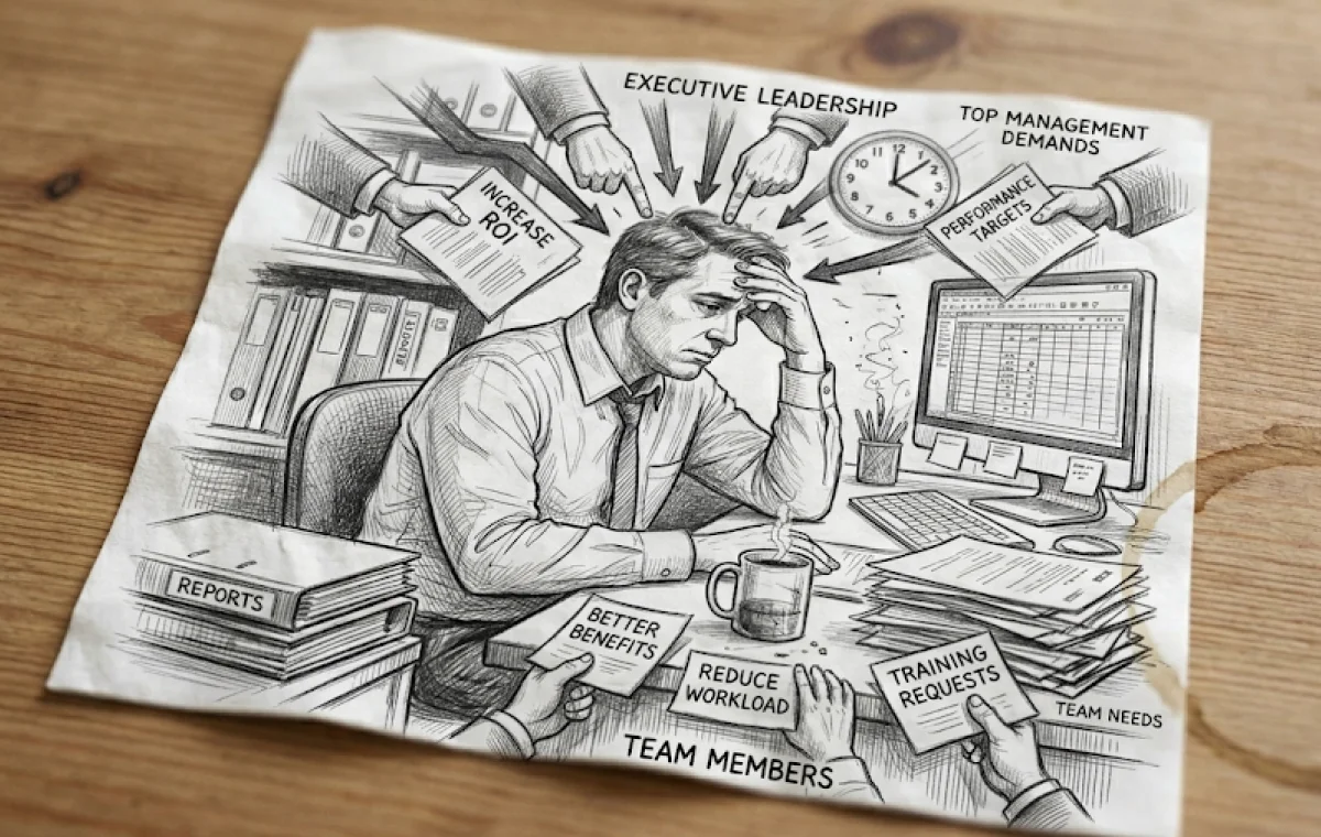 위로는 경영진의 성과 압박, 아래로는 팀원의 요구를 동시에 감당하는 중간관리자의 샌드위치 스트레스 구조를 표현한 이미지