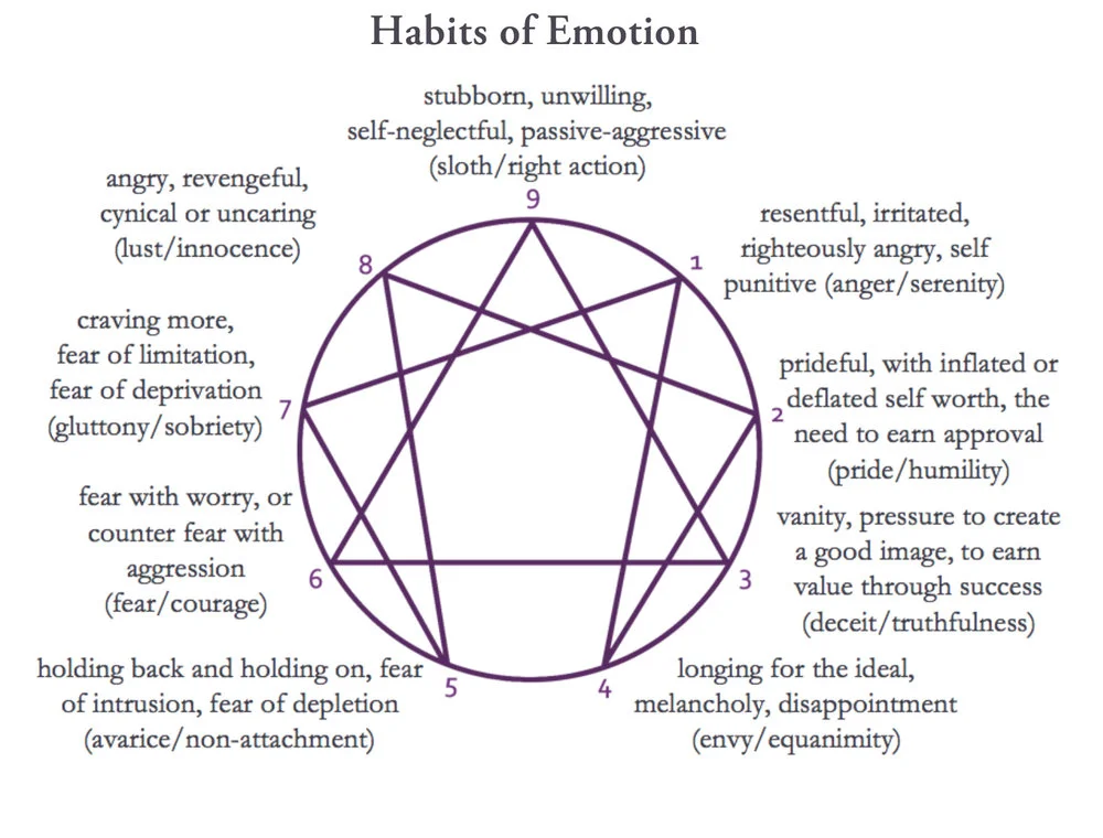 Enneagram diagram titled “Habits of Emotion,” showing the nine Enneagram types in a circular chart with emotional patterns and paired vice-and-virtue themes such as anger and serenity, pride and humility, deceit and truthfulness, envy and equanimity, avarice and non-attachment, fear and courage, gluttony and sobriety, lust and innocence, and sloth and right action.