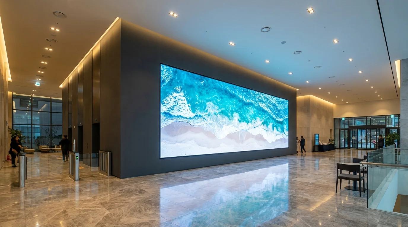 	LED 전광판 대형 미디어월이 현대식 상업 로비 벽면에 플러시 마운트로 설치된 시공 완료 현장 전경 사진
