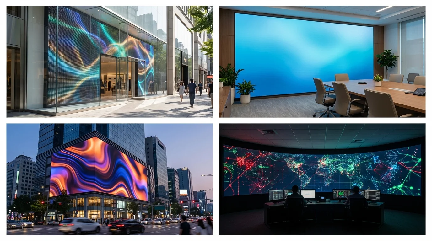 	매장 리테일, 기업 회의실, 건물 옥외, 상황실 관제센터 네 가지 공간에 각각 설치된 LED 전광판 활용 사례 4분할 비교 이미지