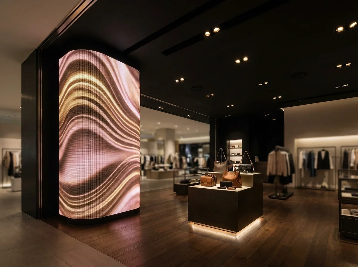 명품 패션 매장 원형 기둥에 Flexible LED 전광판을 곡면으로 감싸 설치한 브랜드월 시공 사례 사진