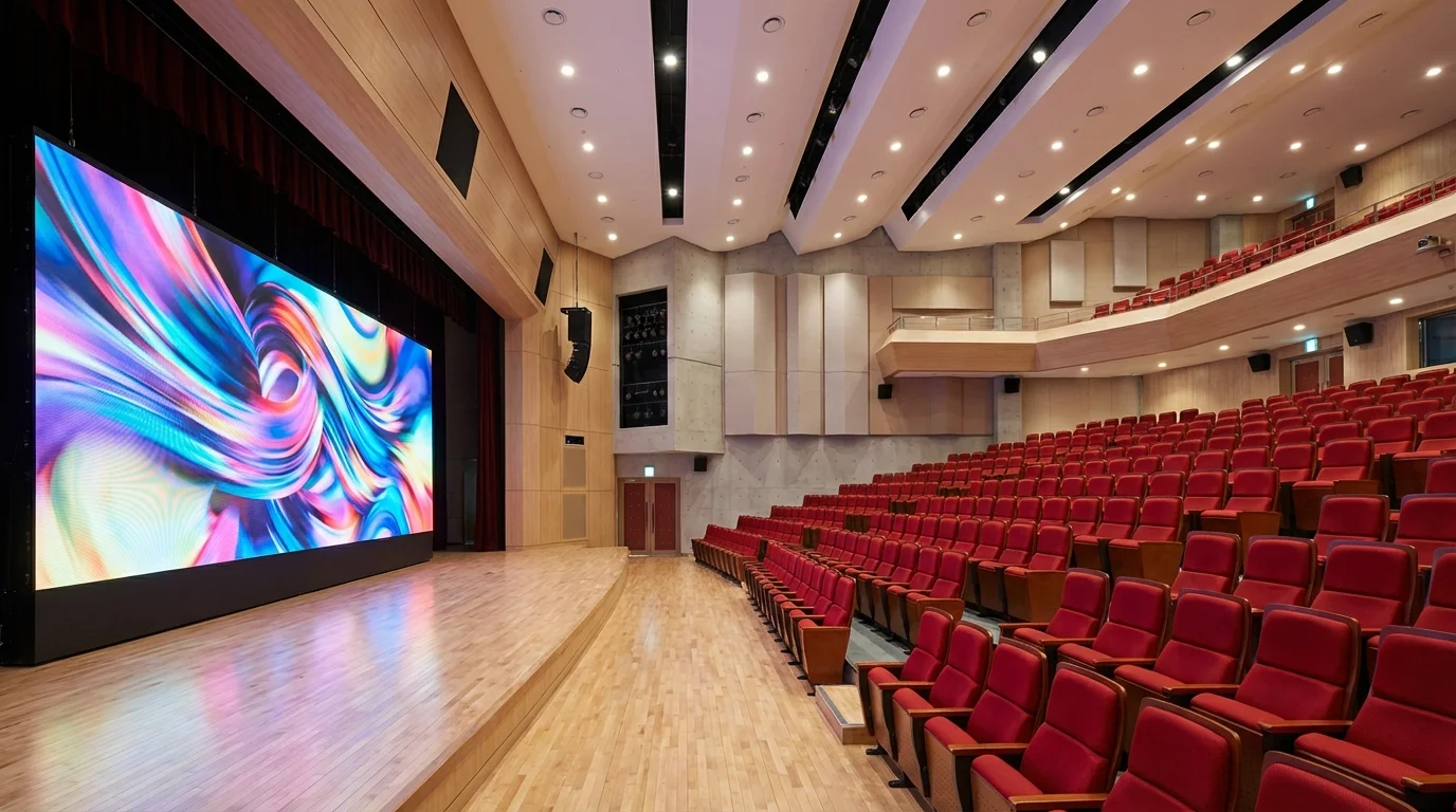 대학교 대강단 벽에 플러시 마운트로 매립 설치된 LED 전광판 미디어월 완공 사진