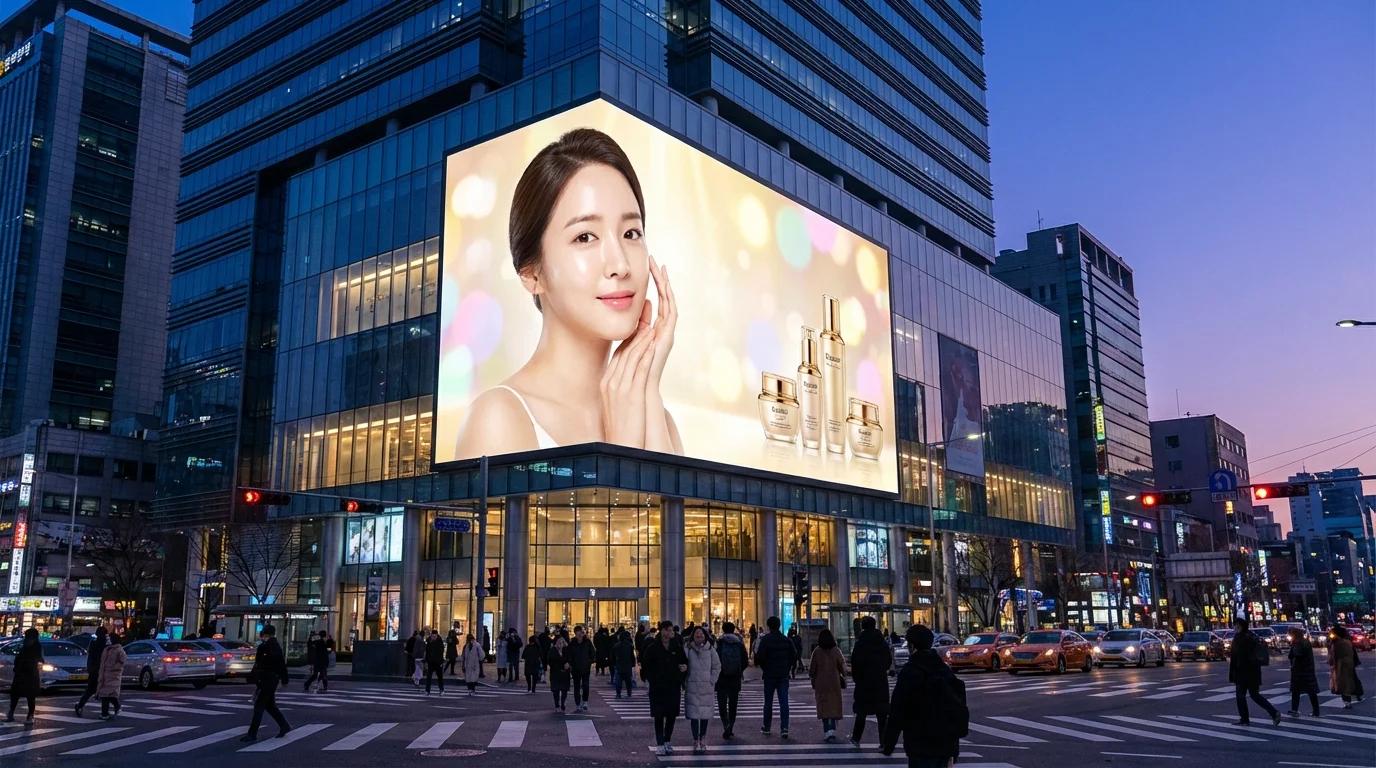 	한국 도심 상업 건물 외벽에 장착된 대형 옥외 LED 전광판 고휘도 시공 현장 사진