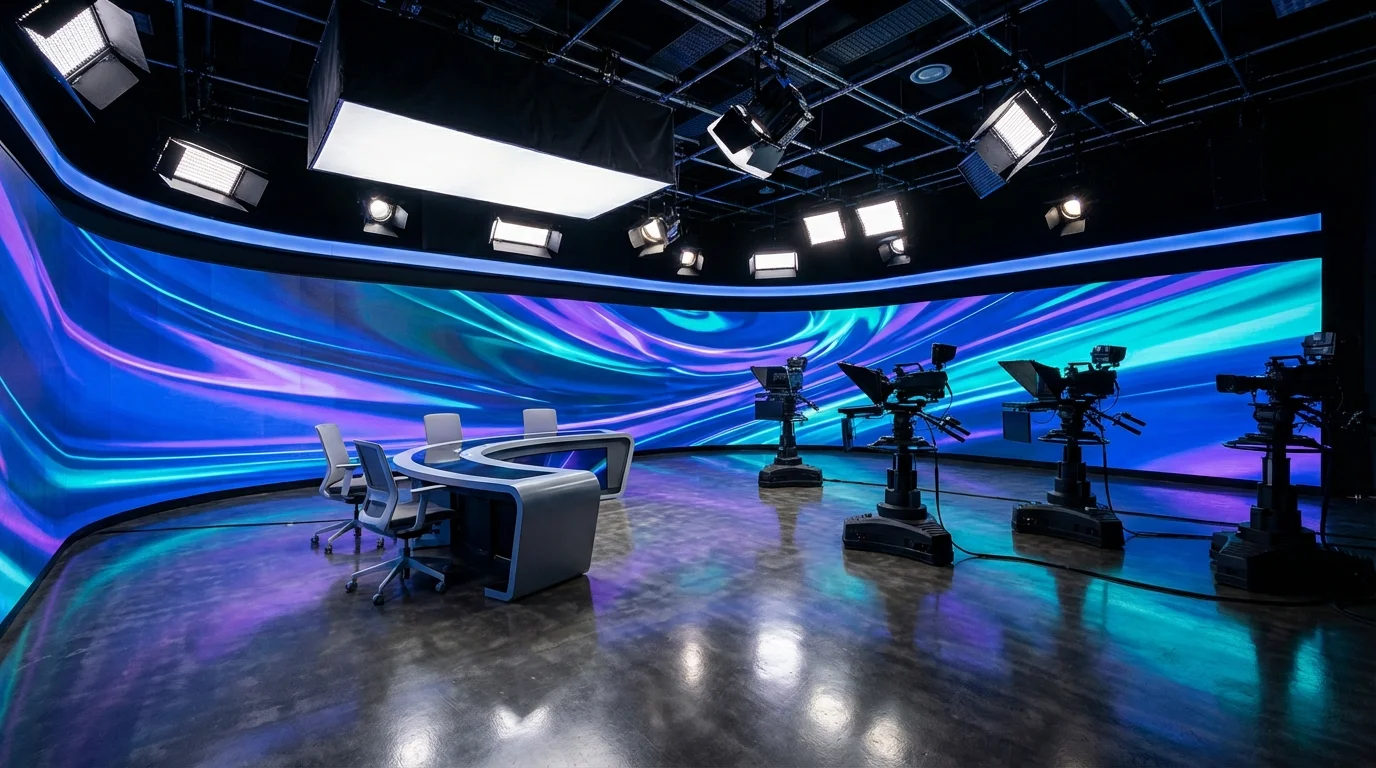 LED 전광판 방송 스튜디오 배경 세트, 고재생률 고계조 패널로 카메라 촬영 중 플리커 없는 XR 버추얼 프로덕션 현장 사진