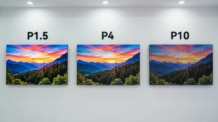 LED 전광판 픽셀 피치 P10mm P4mm P1.5mm 세 단계 근거리 화면 선명도 차이를 보여주는 매크로 클로즈업 비교 사진