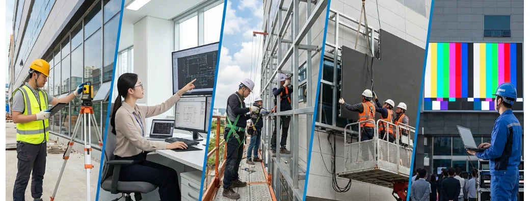 LED 전광판 설치 과정 5단계 순서 표현, 현장 실측 설계 확정 구조물 시공 패널 장착 테스트 인수 프로세스 표현