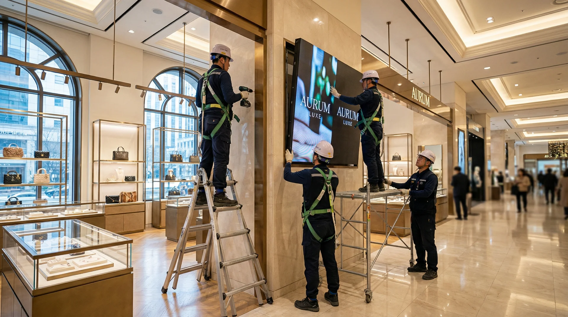 LED 전광판 설치 시공 현장, 금속 프레임 구조물 조립과 전기 배선 작업 및 LED 모듈 캐비닛 부착 과정 사진