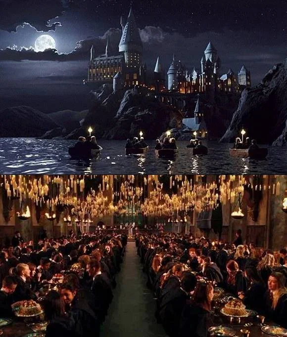 Collage of Hogwarts in the Harry Potter series, showing students crossing the lake toward Hogwarts Castle at night and the candlelit Great Hall filled with students during a feast.